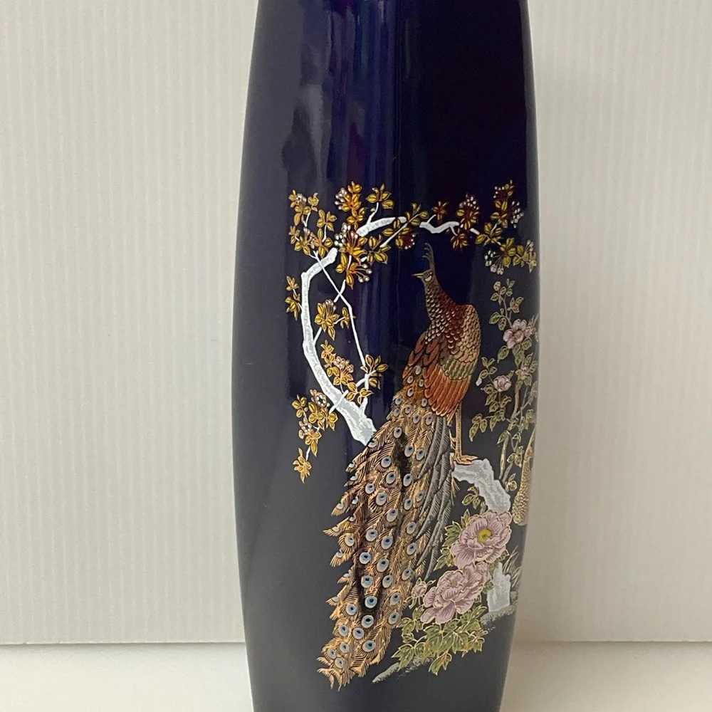 VINTAGE Asian Japanese Vase Peacocks Floral Square Mouth Base Cobalt Blue